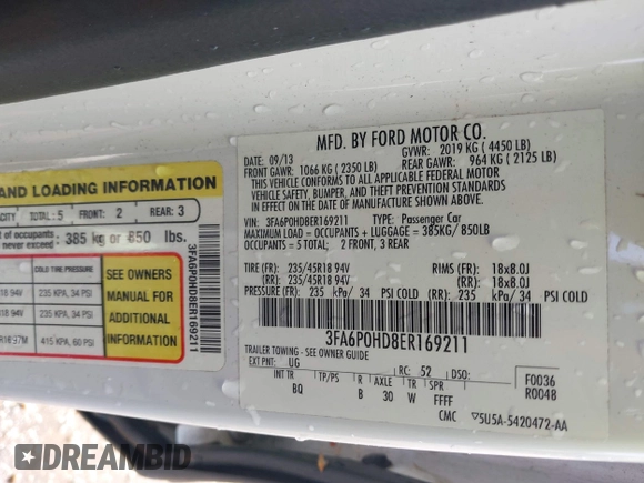 2014 Ford Fusion SE with VIN 3FA6P0HD8ER169211, listed as a IAAI auction lot 42038877 with 215,769 mi miles. Bid and sale history available at carsss.com. Image 9.