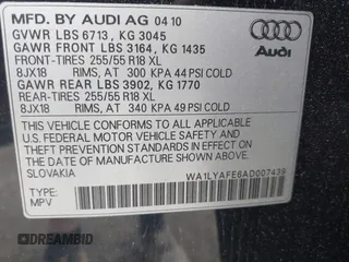 2010 Audi Q7 Premium Plus with VIN WA1LYAFE6AD007439, listed as a IAAI auction lot 42570983 with 96,542 mi miles and . Bid and sale history available at DreamBid. Image 9.