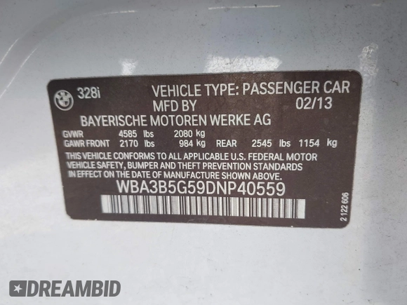 2013 BMW 3 Series 328i xDrive with VIN WBA3B5G59DNP40559, listed as a IAAI auction lot 41664963 with 97,103 mi miles. Bid and sale history available at carsss.com. Image 9.