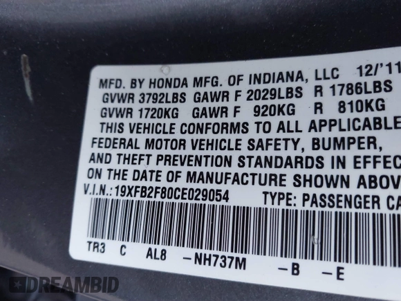 2012 Honda Civic EX with VIN 19XFB2F80CE029054, listed as a IAAI auction lot 41757491 with 170,562 mi miles and . Bid and sale history available at DreamBid. Image 9.