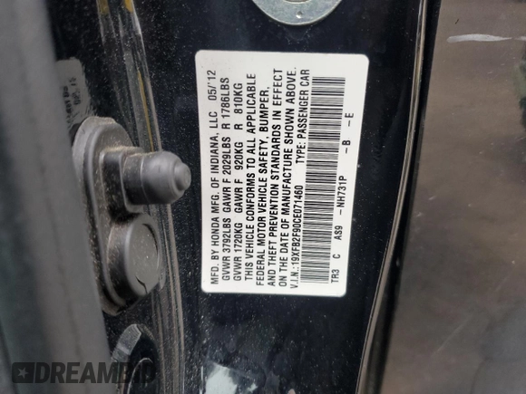 2012 Honda Civic EX-L with VIN 19XFB2F90CE071460, listed as a Copart auction lot 53253075 with 137,897 mi miles and Salvage Title. Bid and sale history available at DreamBid. Image 12.