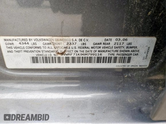 2006 Volkswagen Jetta 2.5L with VIN 3VWRF71K96M799116, listed as a Copart auction lot 54176185 with 181,449 mi miles and Salvage title. Bid and sale history available at DreamBid. Image 12.