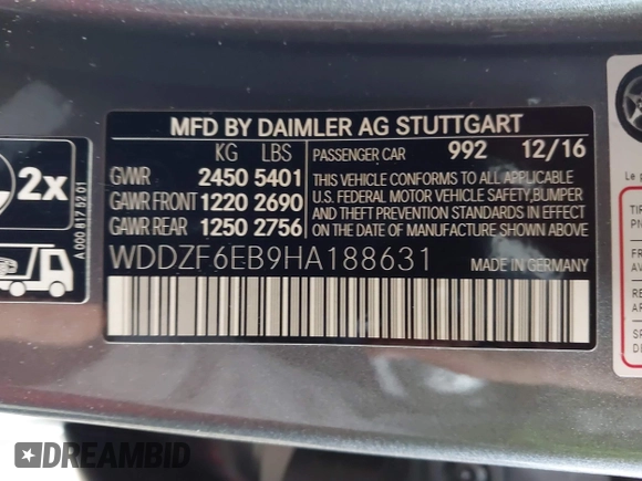 2017 Mercedes-Benz E 43 AMG with VIN WDDZF6EB9HA188631, listed as a IAAI auction lot 42001558 with 39,540 mi miles and . Bid and sale history available at DreamBid. Image 9.