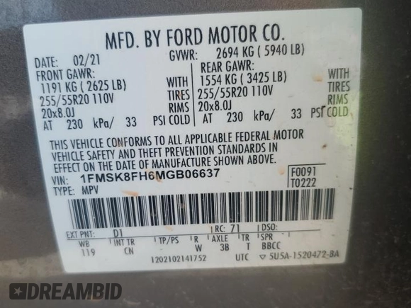 2021 Ford Explorer Limited with VIN 1FMSK8FH6MGB06637, listed as a Copart auction lot 59941245 with 81,061 mi miles and Salvage title. Bid and sale history available at DreamBid. Image 14.