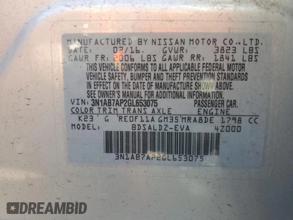 2016 Nissan Sentra SR with VIN 3N1AB7AP2GL653075, listed as a Copart auction lot 55182265 with 127,987 mi miles and Clean Title. Bid and sale history available at DreamBid. Image 12.