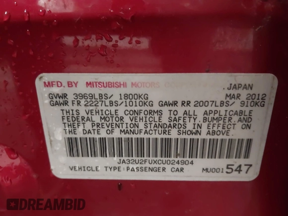2012 Mitsubishi Lancer ES with VIN JA32U2FUXCU024904, listed as a IAAI auction lot 41867973 with 219,664 mi miles and . Bid and sale history available at DreamBid. Image 9.