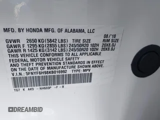 2019 Honda Pilot Touring 8-Passenger z VIN 5FNYF6H98KB016992, wystawiony jako IAAI lot #42275295 z przebiegiem 82 154 mil mil oraz . Historia ofert i sprzedaży dostępna na DreamBid. Obrazek 9.