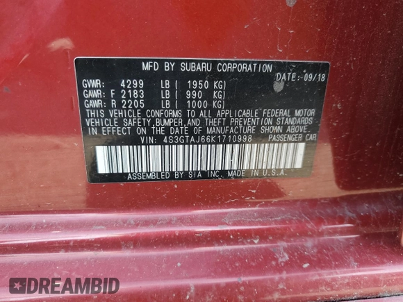 2019 Subaru Impreza Special Sports with VIN 4S3GTAJ66K1710998, listed as a Copart auction lot 61895175 with Not provided miles and Salvage title. Bid and sale history available at DreamBid. Image 12.