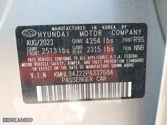 2023 Hyundai Sonata Limited with VIN KMHL34J22PA337684, listed as a IAAI auction lot 41799377 with 13,574 mi miles. Bid and sale history available at carsss.com. Image 9.