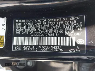 2007 Toyota Prius with VIN JTDKB20U177665184, listed as a IAAI auction lot 42673560 with 209,925 mi miles and . Bid and sale history available at DreamBid. Image 9.