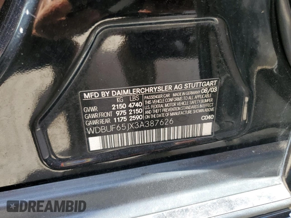2003 Mercedes-Benz E-Class 3.2L with VIN WDBUF65JX3A387626, listed as a Copart auction lot 78248764 with 263,110 mi miles and Salvage Title. Bid and sale history available at carsss.com. Image 12.