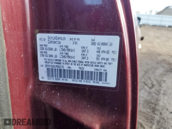 2001 Dodge 2500 z VIN 3B7KF26Z01M553173, wystawiony jako Copart lot #42750515 z przebiegiem Nie podano mil oraz Szkoda całkowita • Salvage title. Historia ofert i sprzedaży dostępna na DreamBid. Obrazek 14.
