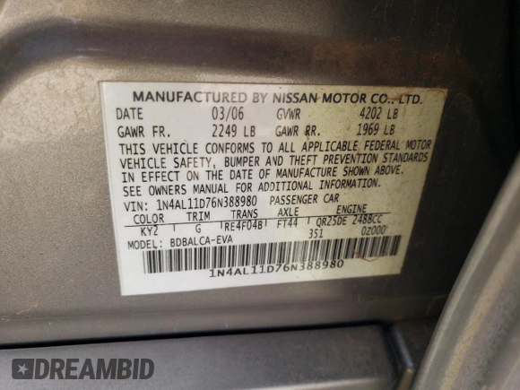 2006 Nissan Altima 2.5 S with VIN 1N4AL11D76N388980, listed as a Copart auction lot 49165385 with 208,951 mi miles and Salvage Title. Bid and sale history available at carsss.com. Image 12.