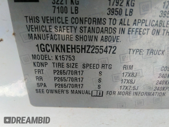 2017 Chevrolet Silverado 1500 Work Truck with VIN 1GCVKNEH5HZ255472, listed as a IAAI auction lot 39593139 with 116,806 mi miles. Bid and sale history available at carsss.com. Image 9.