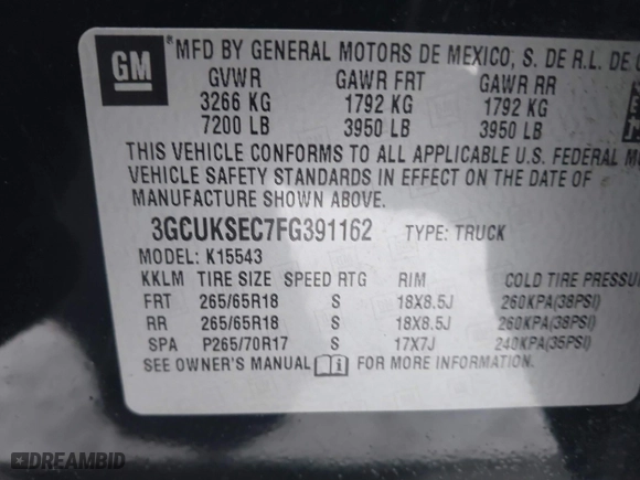2015 Chevrolet Silverado 1500 LTZ with VIN 3GCUKSEC7FG391162, listed as a IAAI auction lot 41286250 with 103,847 mi miles. Bid and sale history available at carsss.com. Image 9.