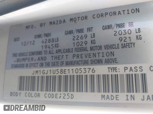 2014 Mazda 6 i Sport with VIN JM1GJ1U58E1105376, listed as a IAAI auction lot 42024402 with 124,233 mi miles. Bid and sale history available at carsss.com. Image 9.