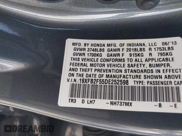 2013 Honda Civic LX with VIN 19XFB2F55DE252598, listed as a IAAI auction lot 42490248 with 115,550 mi miles and . Bid and sale history available at DreamBid. Image 9.