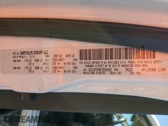 2015 Ram 1500 Tradesman with VIN 3C6JR7DM6FG554932, listed as a Copart auction lot 52973365 with 125,468 mi miles and Salvage title. Bid and sale history available at DreamBid. Image 13.
