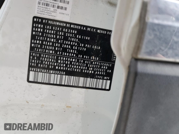 2018 Volkswagen Tiguan SEL с VIN 3VV3B7AX2JM039250, выставлен на аукционе Copart как лот 50846865 с пробегом 78 182 миль миль и Чистый • Clean title. История ставок и продаж доступна на DreamBid. Изображение 12.