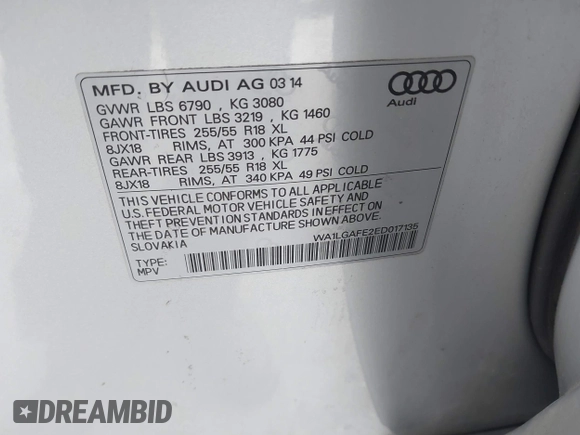 2014 Audi Q7 Premium Plus with VIN WA1LGAFE2ED017135, listed as a IAAI auction lot 42533428 with 142,132 mi miles and . Bid and sale history available at DreamBid. Image 9.