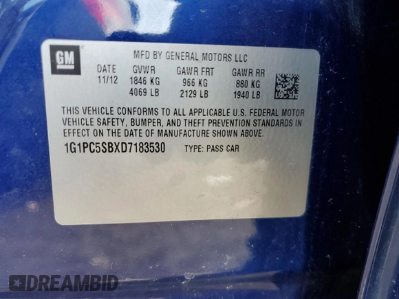 2013 Chevrolet Cruze 1LT with VIN 1G1PC5SBXD7183530, listed as a Copart auction lot 48173515 with 143,795 mi miles and Salvage Title. Bid and sale history available at carsss.com. Image 12.