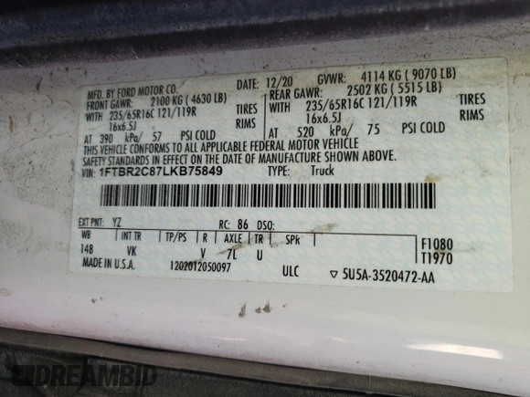 2020 Ford Transit Cargo with VIN 1FTBR2C87LKB75849, listed as a Copart auction lot 79414554 with 56,987 mi miles and Salvage Title. Bid and sale history available at carsss.com. Image 13.