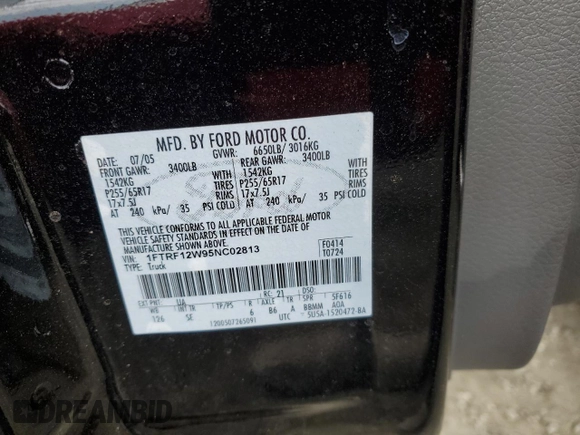 2005 Ford F-150 XL with VIN 1FTRF12W95NC02813, listed as a Copart auction lot 50730425 with Not provided miles and Salvage title. Bid and sale history available at DreamBid. Image 13.