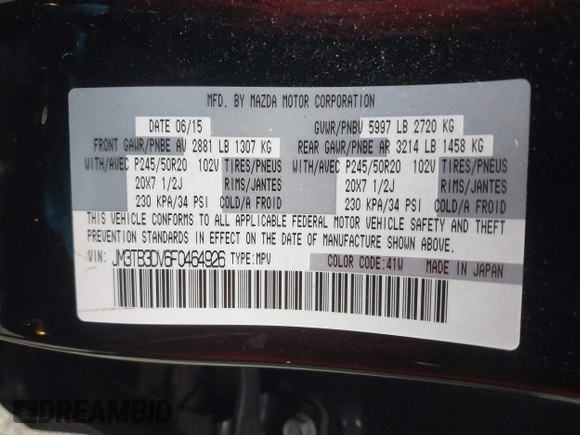 2015 Mazda CX-9 Grand Touring z VIN JM3TB3DV6F0464926, wystawiony jako IAAI lot #42035670 z przebiegiem 168 257 mil mil oraz . Historia ofert i sprzedaży dostępna na DreamBid. Obrazek 9.