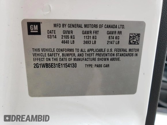 2014 Chevrolet Impala LT with VIN 2G1WB5E31E1154130, listed as a Copart auction lot 54212785 with 150,169 mi miles and Salvage title. Bid and sale history available at DreamBid. Image 12.