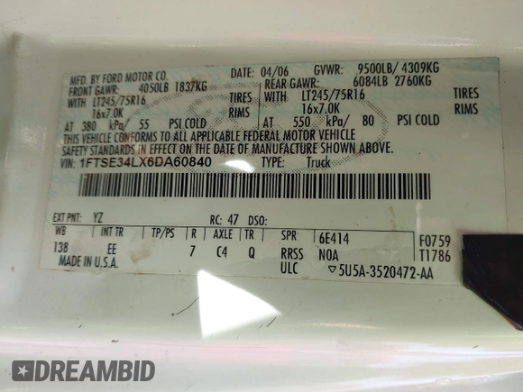 2006 Ford Econoline Cargo с VIN 1FTSE34LX6DA60840, выставлен на аукционе IAAI как лот 40982882 с пробегом 176 034 миль миль и . История ставок и продаж доступна на DreamBid. Изображение 9.