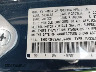 2010 Honda Accord EX with VIN 1HGCP2F72AA137480, listed as a IAAI auction lot 42483734 with 156,613 mi miles and . Bid and sale history available at DreamBid. Image 9.