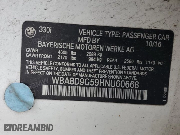 2017 BMW 3 Series 330i xDrive z VIN WBA8D9G59HNU60668, wystawiony jako Copart lot #58411195 z przebiegiem 97 785 mil mil oraz Szkoda całkowita • Salvage title. Historia ofert i sprzedaży dostępna na DreamBid. Obrazek 12.