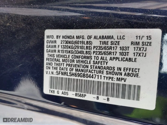 2016 Honda Odyssey EX-L with VIN 5FNRL5H69GB044711, listed as a IAAI auction lot 41356617 with NaN miles. Bid and sale history available at carsss.com. Image 9.