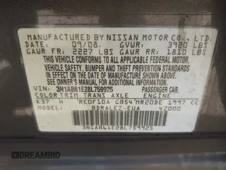2008 Nissan Sentra S with VIN 3N1AB61E28L759925, listed as a IAAI auction lot 41991138 with 40,187 mi miles and . Bid and sale history available at DreamBid. Image 9.