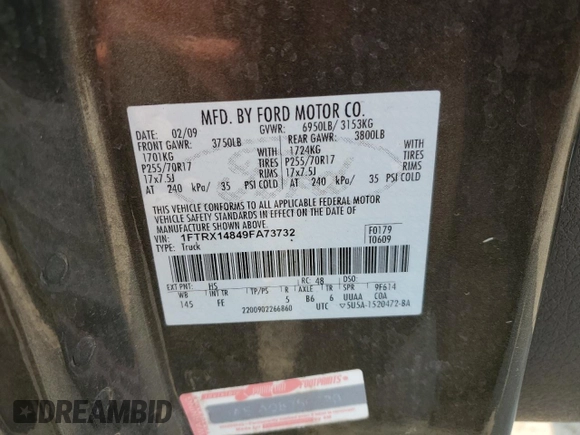 2009 Ford F-150 STX with VIN 1FTRX14849FA73732, listed as a Copart auction lot 59317545 with 162,744 mi miles and Salvage title. Bid and sale history available at DreamBid. Image 12.