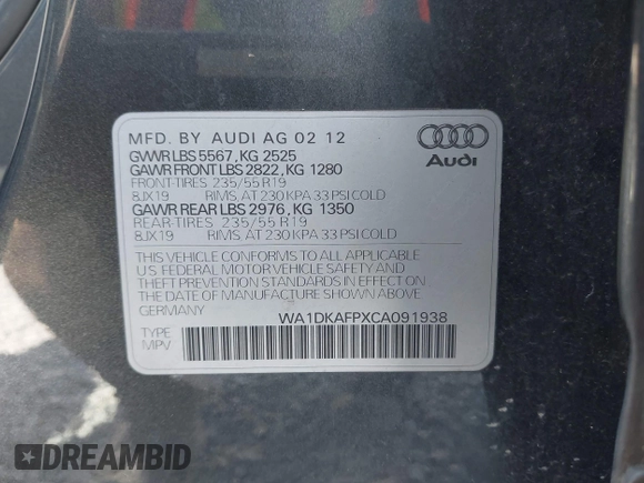 2012 Audi Q5 Premium Plus с VIN WA1DKAFPXCA091938, выставлен на аукционе IAAI как лот 42465442 с пробегом 105 470 миль миль и . История ставок и продаж доступна на DreamBid. Изображение 9.
