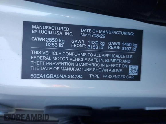 2022 Lucid Air Grand Touring z VIN 50EA1GBA5NA004784, wystawiony jako Copart lot #46854065 z przebiegiem 16 471 mil mil oraz Szkody całkowita. Historia ofert i sprzedaży dostępna na DreamBid. Obrazek 12.