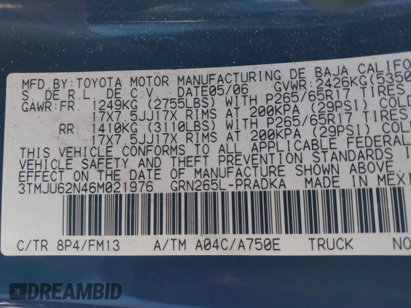 2006 Toyota Tacoma PreRunner with VIN 3TMJU62N46M021976, listed as a IAAI auction lot 41427392 with 245,519 mi miles and . Bid and sale history available at DreamBid. Image 9.
