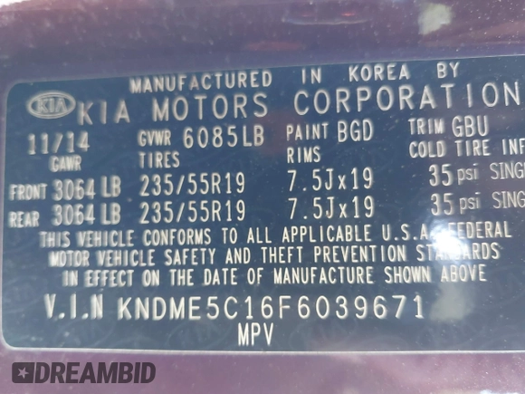 2015 Kia Sedona SX-L with VIN KNDME5C16F6039671, listed as a IAAI auction lot 41736237 with 113,035 mi miles and . Bid and sale history available at DreamBid. Image 9.