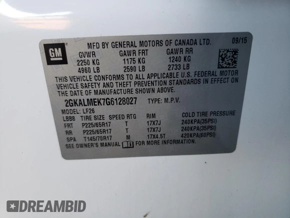2016 GMC Terrain SLE with VIN 2GKALMEK7G6128027, listed as a Copart auction lot 79248564 with 175,606 mi miles and Salvage Title. Bid and sale history available at DreamBid. Image 14.