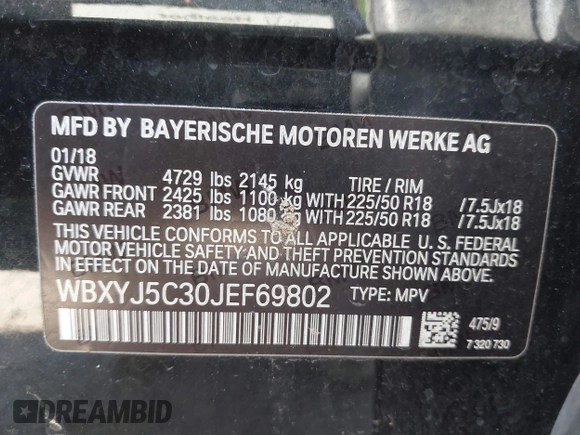 2018 BMW X2 xDrive28i with VIN WBXYJ5C30JEF69802, listed as a IAAI auction lot 42061382 with 55,138 mi miles. Bid and sale history available at carsss.com. Image 9.