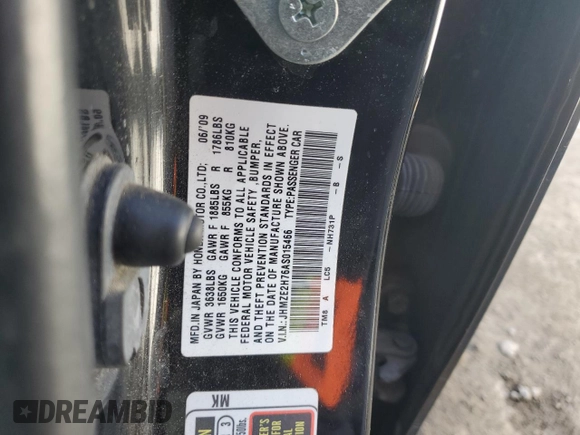 2010 Honda Insight EX with VIN JHMZE2H76AS015466, listed as a Copart auction lot 53729965 with Not provided miles and Salvage title. Bid and sale history available at DreamBid. Image 12.