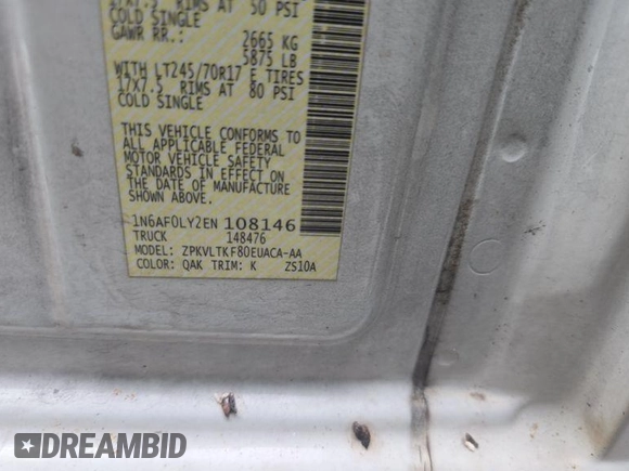 2014 Nissan NV S with VIN 1N6AF0LY2EN108146, listed as a IAAI auction lot 42849184 with 131,055 mi miles and . Bid and sale history available at DreamBid. Image 21.