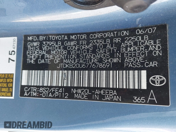 2007 Toyota Prius with VIN JTDKB20U677678691, listed as a IAAI auction lot 41993838 with 195,876 mi miles. Bid and sale history available at carsss.com. Image 9.