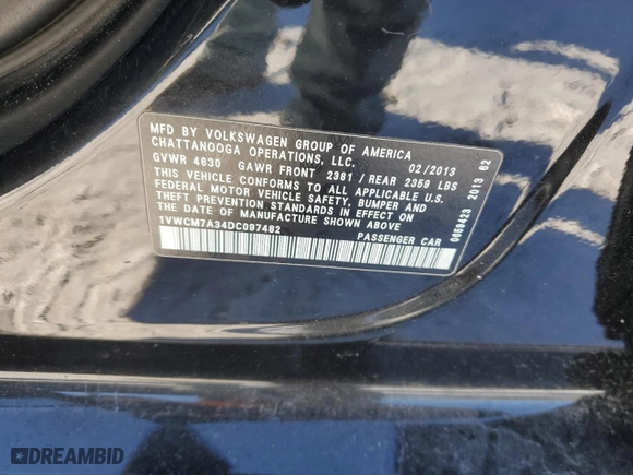 2013 Volkswagen Passat SEL Premium with VIN 1VWCM7A34DC097482, listed as a Copart auction lot 41474315 with 196,268 mi miles and Salvage Title. Bid and sale history available at carsss.com. Image 12.