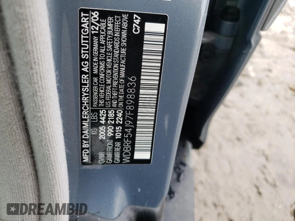 2007 Mercedes-Benz C with VIN WDBRF54J97F898836, listed as a Copart auction lot 51849735 with Not provided miles and Clean title. Bid and sale history available at DreamBid. Image 12.