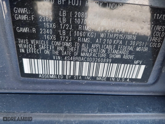 2013 Subaru Outback 2.5i with VIN 4S4BRBAC0D3260899, listed as a IAAI auction lot 41675437 with 109,185 mi miles. Bid and sale history available at carsss.com. Image 9.