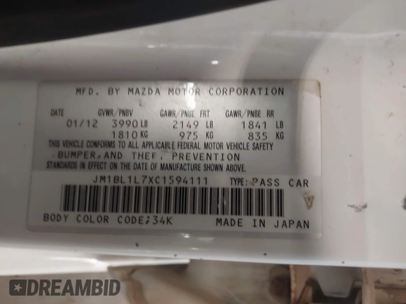2012 Mazda 3 i Touring with VIN JM1BL1L7XC1594111, listed as a IAAI auction lot 42186978 with 307,772 mi miles and . Bid and sale history available at DreamBid. Image 9.