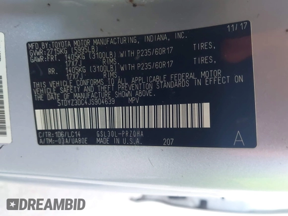 2018 Toyota Sienna XLE Auto Access Seat with VIN 5TDYZ3DC4JS904639, listed as a IAAI auction lot 41905251 with 179,989 mi miles. Bid and sale history available at carsss.com. Image 9.