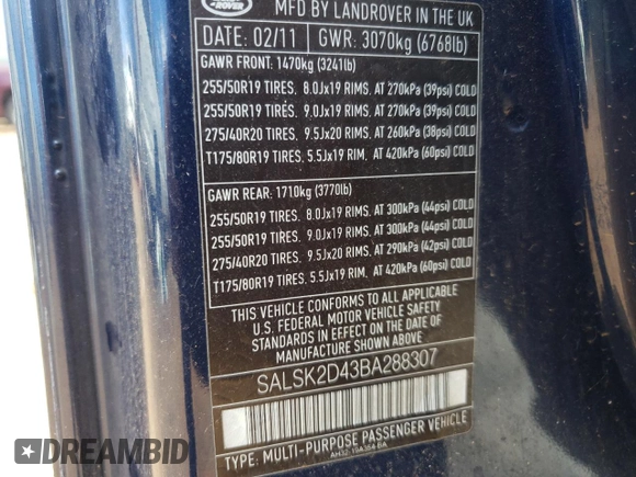 2011 Land Rover Range Rover Sport HSE Lux with VIN SALSK2D43BA288307, listed as a Copart auction lot 61456234 with Not provided miles and Salvage title. Bid and sale history available at DreamBid. Image 13.